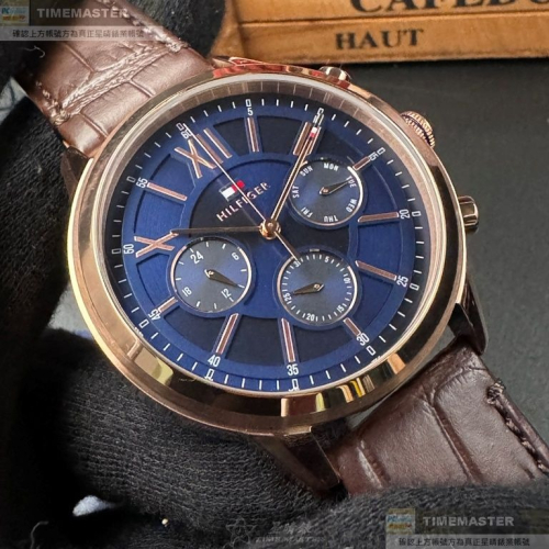 TommyHilfiger:手錶,型號:TH00046,男錶44mm玫瑰金錶殼寶藍色錶面真皮皮革錶帶款