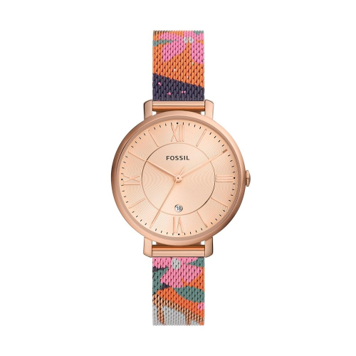 FOSSIL Jacqueline 經典夏日圖騰真皮女錶 玫瑰金不鏽鋼鍊帶36MMES5170