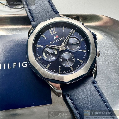 TommyHilfiger:手錶,型號:TH00064,男錶46mm銀藍雙色錶殼寶藍色錶面真皮皮革錶帶款