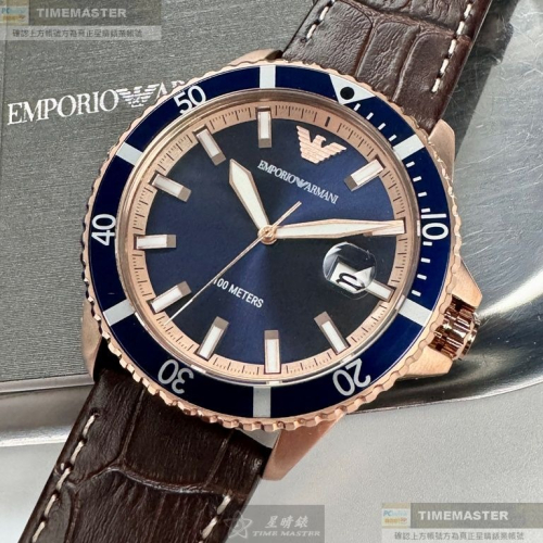ARMANI:手錶,型號:AR00047,男錶42mm玫瑰金錶殼寶藍色錶面真皮皮革錶帶款