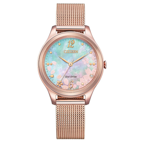 CITIZEN LADY＇S 櫻花限定玫瑰金米蘭帶光動能腕錶EM0508-80D
