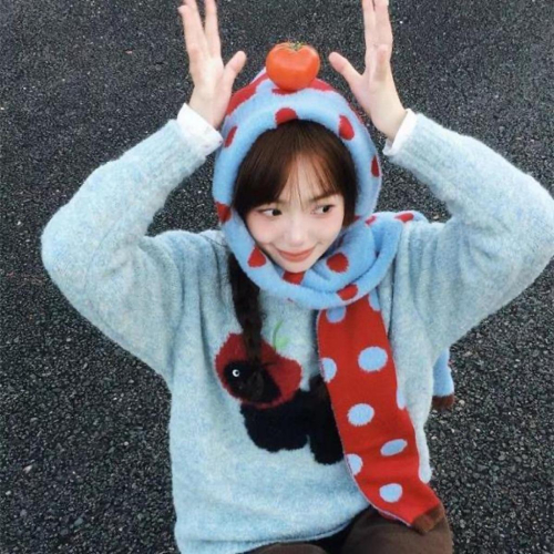 ??????｜甜美聖誕雙面可戴波點提花保暖圍巾女學生減齡慵懶風防凍圍脖ins
