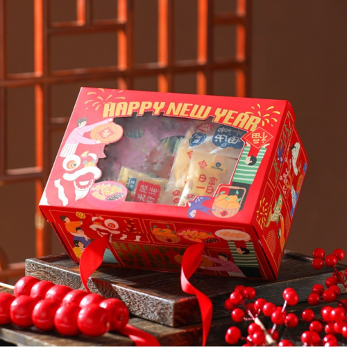 ◎2入◎龍年新年開窗紅色手提包裝盒/新年禮盒/糖果包裝紙盒/禮品紙盒/雪Q餅牛軋糖包裝禮物盒/堅果餅乾罐手提紙盒