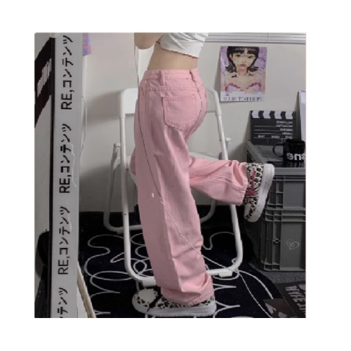粉紅牛仔直筒褲女春秋季ins高街百搭寬褲高腰寬鬆顯瘦長褲子潮