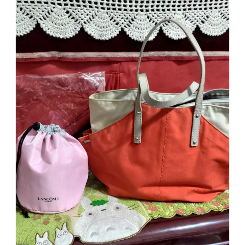 LANCOME 蘭寇 立體 防潑水 收納包 agnes b 雙色帆布 肩背包 托特包