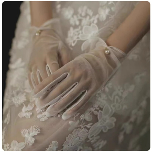 復古蕾絲新娘婚紗手套薄款法式禮服結婚袖套川黛永恆花期拍照手套素紗珍珠款手套約23cm