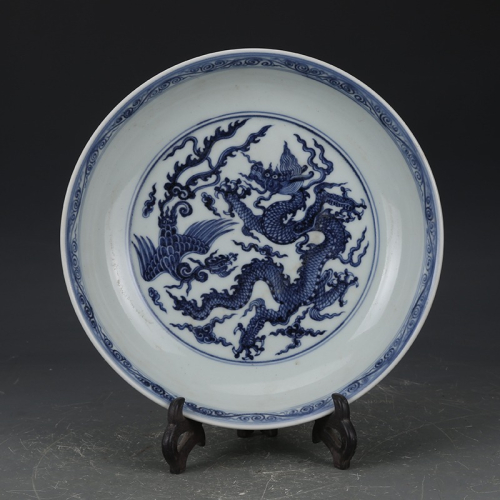 大明宣德青花龍鳳盤古董古玩仿古瓷器老物件陶瓷擺件老貨