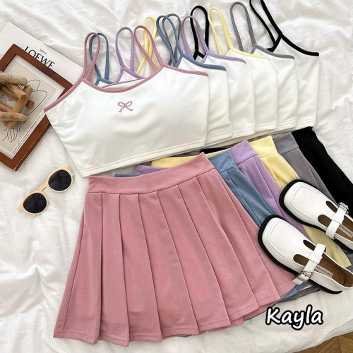 預購?免運? 蝴蝶結細肩帶背心+高腰百褶裙2件組套裝 A1208 #Kayla.girl #少女愷拉