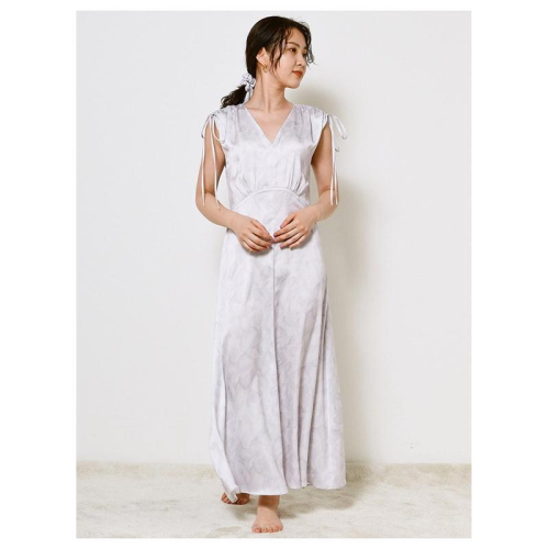 Snidel home 甜美典雅水彩印花打褶緞面無袖家居洋裝 睡裙 家居服 薄灰