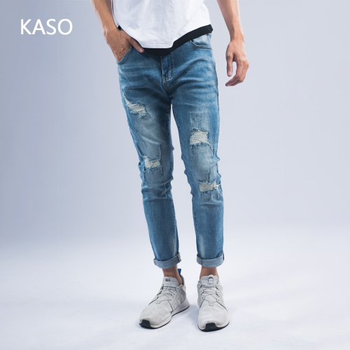 KASO 自訂款 彈力刷破錐形牛仔褲 復古藍 M-3L 8801