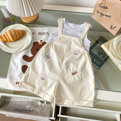 [CCbaby]韓版女童條紋上衣甜點刺繡吊帶褲-預購