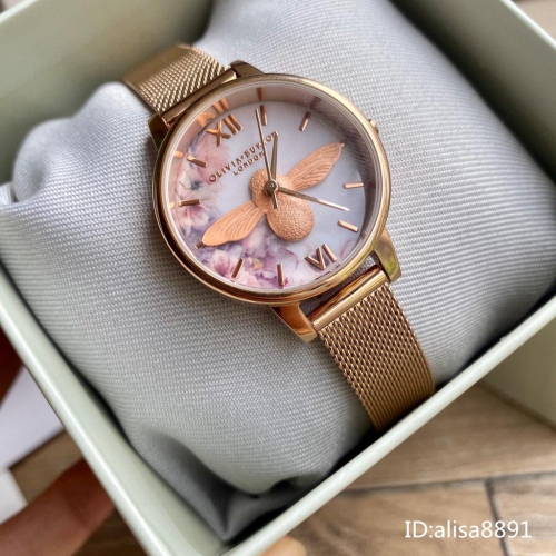 OliviaBurton手錶 女生石英錶 時尚百搭女生腕錶 小蜜蜂手錶 OB手錶 玫瑰金色鋼帶錶 編織網米蘭錶帶石英錶