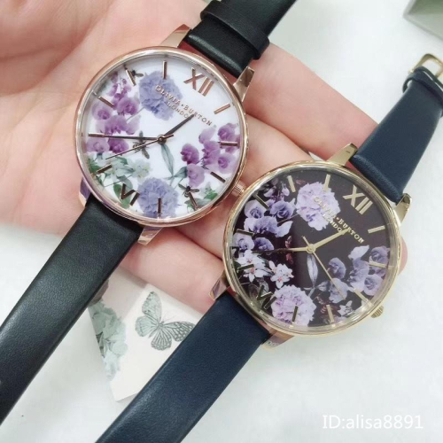 OliviaBurton花朵休閒石英錶 學生手錶 英國奧利維亞伯頓OB手錶 文藝復古印花皮帶錶 大直徑手錶女 時尚女錶