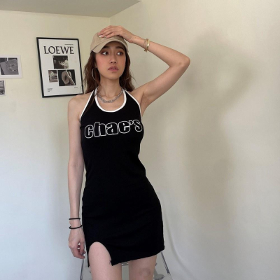 【DOE.FF】歐美英字掛脖背心短洋 | 現貨 | 洋裝 連身裙 背心女 包臀洋裝 歐美 韓國 辣妹洋裝 快速出貨