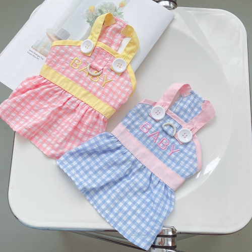 ♡【E05 預購】 BABY刺繡字樣格子撞色背帶裙 貓咪背心 防掉毛背心 寵物裙裝 貓咪衣服 狗狗衣服