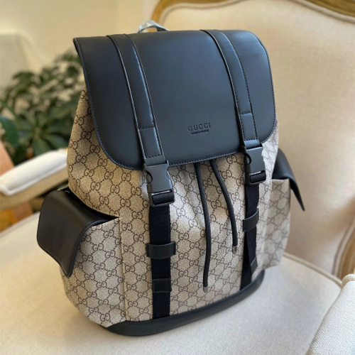 GUCCI古馳雙肩包 男生雙肩後背包 翻蓋抽繩背包 大容量旅行包 明星同款背包 經典老花色拼真皮背包 書包 商務通勤休閒