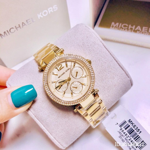 Michael Kors手錶 時尚潮流女生小金錶 金色鋼鏈錶女 MK石英錶 三眼計時鑲鑽女錶 百搭通勤精品錶mk6351
