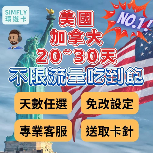 ?【24H寄出】20~30天 美國 加拿大 紐約 洛杉磯夏威夷上網卡 可充值 不限量吃到飽（環遊卡）
