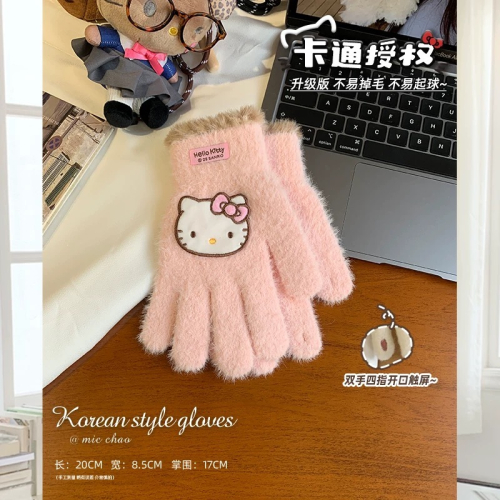 正品 Kitty手套 秋冬季騎行保暖防寒針織毛線可觸屏 冬天毛絨五指手套?