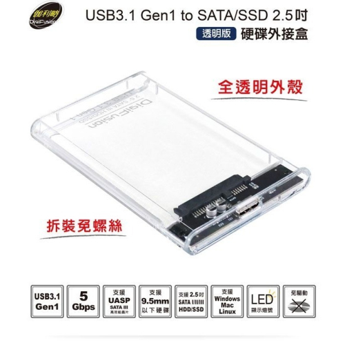 伽利略 USB3.1 Gen1 SATA/SSD 2.5＂ 透明版硬碟外接盒 （HD-336U31S）