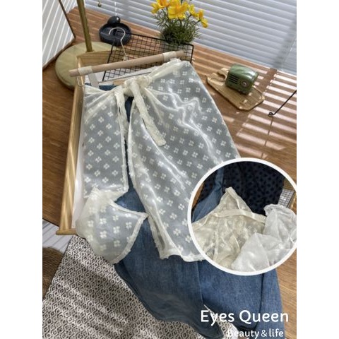 [Eyes Queen]現貨 東大門透視網紗蕾絲花朵拼接綁帶裙 蕾絲裙 疊穿網紗裙 網紗裙 半身蕾絲裙 透視網紗裙