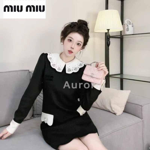 ?Aurora 美國代購? MIU MIU 春季 新款 娃娃 領減齡氣質 拼接 休閒 長袖 連衣裙