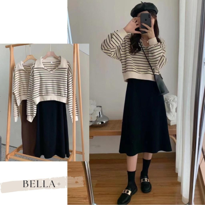 BELLA+?兩件式針織連衣裙寬鬆條紋上衣POLO領吊帶裙配色洋裝連身裙圓領上衣長洋裝針織洋裝一件出門