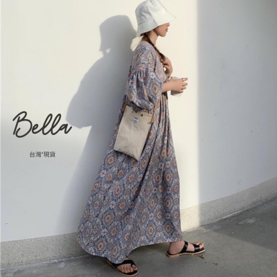 Bella+?早春復古一件出門碎花連衣裙台灣現貨女夏季新款新品V領寬鬆高腰燈籠袖桔梗裙子洋裝澎澎袖連身洋慵懶