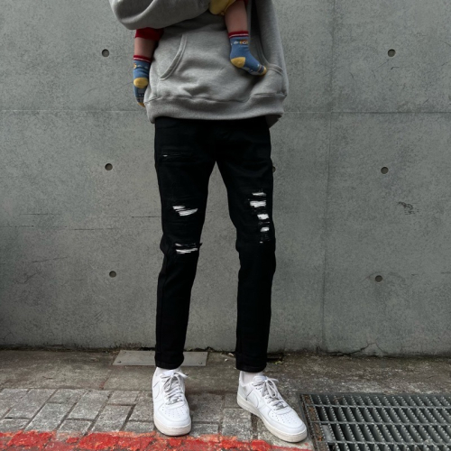 《JRCSTORE》??韓國高質感彈性白補丁黑牛仔褲 大破壞 破洞 刀割 抓破 男女 版型修身 四季百搭