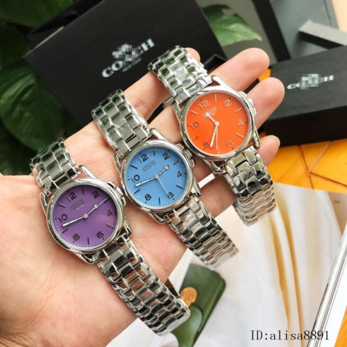 Coach蔻馳手錶 新品上市女生石英錶 經典小馬車鋼帶錶女 防水手錶女 休閒時尚潮流女士腕錶 紫色藍色橘色