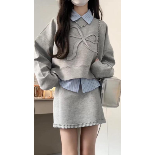 ????｜現貨??推!!超好看♡設計感疊穿短款長袖大學T+條紋襯衫+花邊短裙三件套