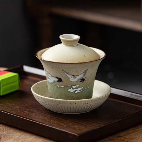 仿古蓋碗茶杯功夫茶手抓仙鶴蓋碗復古陶瓷泡茶碗單個大號茶碗帶蓋