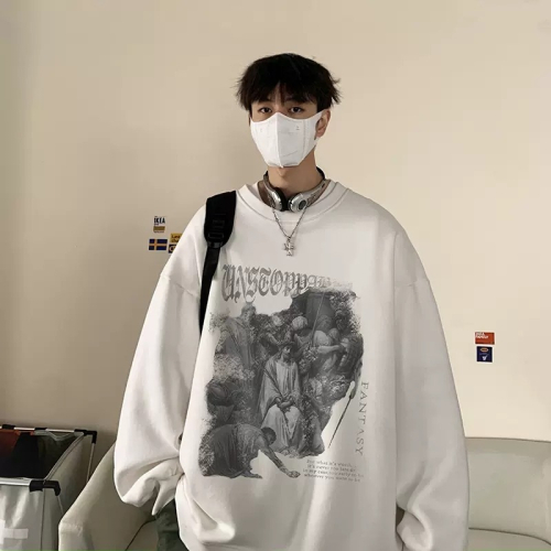 『癮品流行』M-5XL 圓領衛衣 長袖t 大學T 薄款大學T 衛衣 落肩 寬鬆百搭情侶裝 潮流印花衛衣