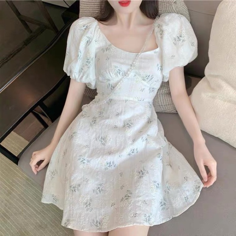 ❤️現貨在台，S(S- 4XL) 可愛 中大尺碼 婚宴 法式 碎花 連衣裙 收腰 氣質 桔梗 淑女 初戀 洋裝 泡泡袖
