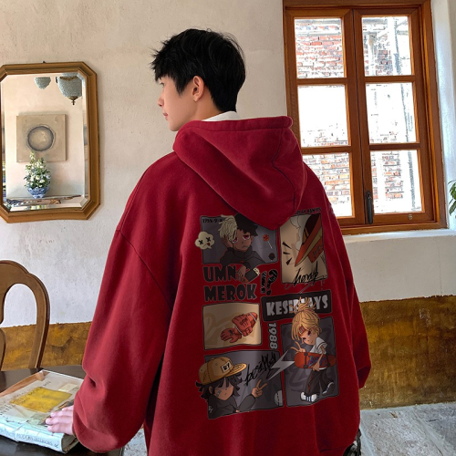 『癮品流行』美式複古加厚 美式男孩 卡通印花 連帽衛衣男 秋季新款時尚 刷毛款 寬鬆長袖連帽衛衣外套