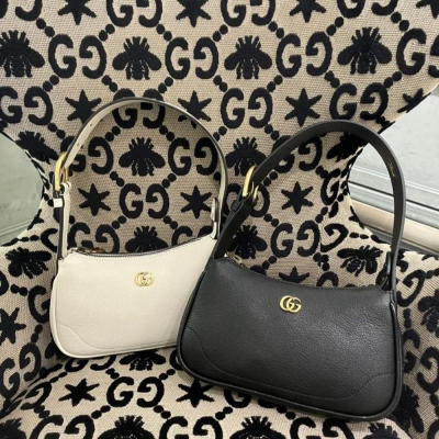 二手99新GUCCI/古馳 23新款女士黑色白色粉色皮革雙G配飾單肩包