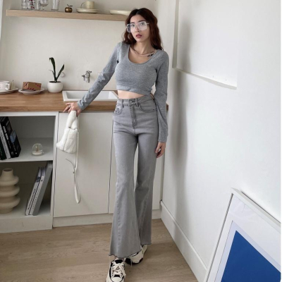 【DOE.FF】水泥顯瘦九分喇叭褲 | 現貨 | 喇叭褲 牛仔喇叭褲 牛仔褲女 顯瘦長褲 高腰牛仔褲 女裝 辣妹 長褲
