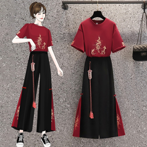 品牌折扣店商場專櫃撤櫃女裝尾貨清倉夏裝刺繡漢服減齡闊腿褲套裝
