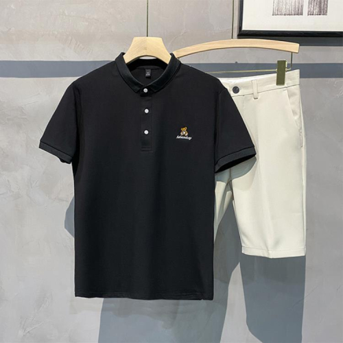 短袖T恤 夏季新款男士Polo衫簡約休閒翻領小熊繡花工作服廠服