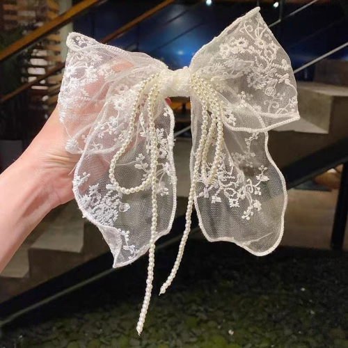 網紅夏季綁發珍珠蕾絲蝴蝶結發帶女韓版外戴百搭漢服女純色jk頭花