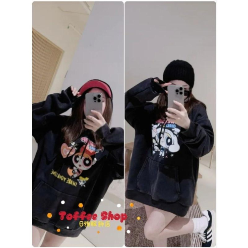 ❤️現貨❤️6950厚磅水洗T恤連帽大T小女警帽T卡通T恤