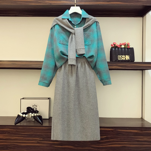 品牌折扣店商場專櫃撤櫃女裝尾貨清倉春秋遮肚子格子襯衫裙子套裝