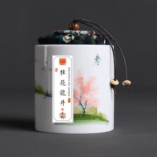 杭州特產獅峯西湖龍井青葉手工祕製桂花茶50g瓷罐濃香型農家自銷