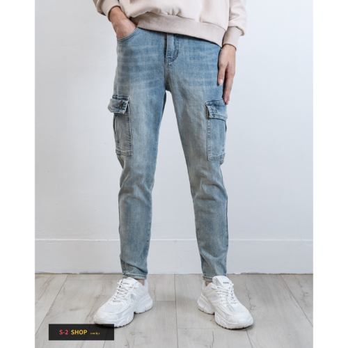 【S2店】 很好穿 藍色 真口袋 工裝窄版牛仔長褲 彈力長褲