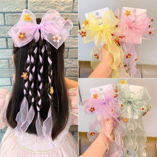 浪漫公主蝴蝶結花朵4條飄帶編髮夾子(一組2個)