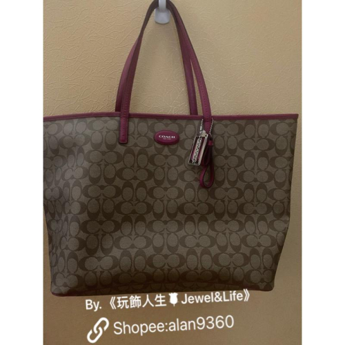 COACH 經典 老花 卡其色 桃紅色 牛皮 全新 閒置品 大托特包