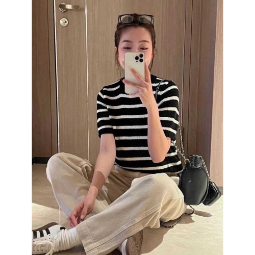 ????｜現貨?柔軟毛巾絨條紋百搭短袖上衣材質超舒服❤️