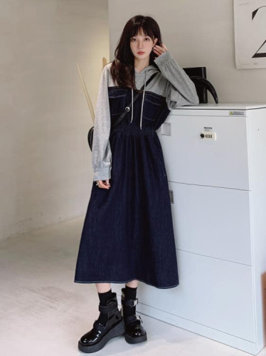 DearGod正韓女裝學院風正韓寬松拼接連帽牛仔連身裙女2022春秋季新款休閒長袖裙子洋裝