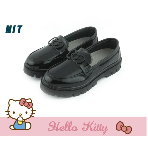 [kikishoes]HELLO KITTY蝴蝶結鞋扣?衣領結造型?輕量漆皮❤樂福鞋?素面學生皮鞋-黑色-台灣製表演鞋