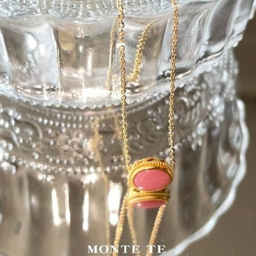 項鍊【MONTE TE手作飾品】天然母粉貝沙金鑲嵌女王貝吊墜項鍊